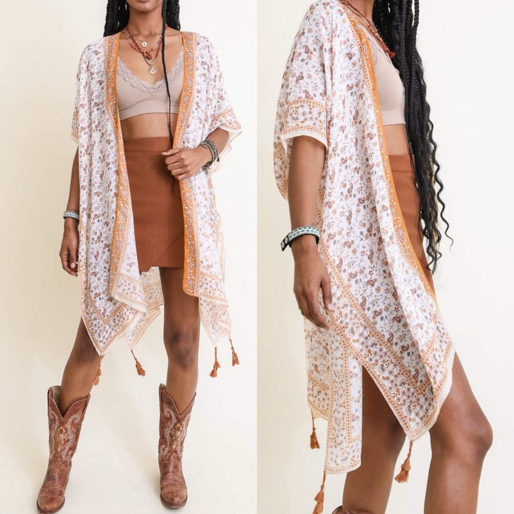 Ditsy Floral Paisley Kimono Tassel Fringe Womens One Size Bohemian Top Cardigan